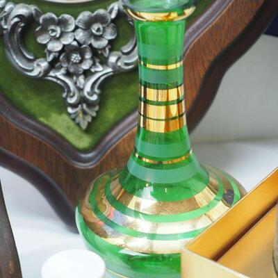 Lot 9 Mini perfume bottles Large Picasso scarf, vintage spice rack and milk glass bottles, New Balsam candle in gift box.