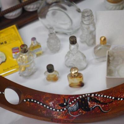 Lot 9 Mini perfume bottles Large Picasso scarf, vintage spice rack and milk glass bottles, New Balsam candle in gift box.