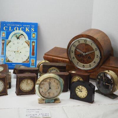 Lot 10 Clock Lot #1 with  Clock book hand made German wooden table chime clock ( not working) Parts and Repair