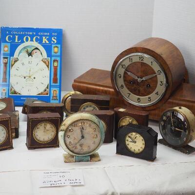 Lot 10 Clock Lot #1 with  Clock book hand made German wooden table chime clock ( not working) Parts and Repair