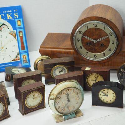 Lot 10 Clock Lot #1 with  Clock book hand made German wooden table chime clock ( not working) Parts and Repair