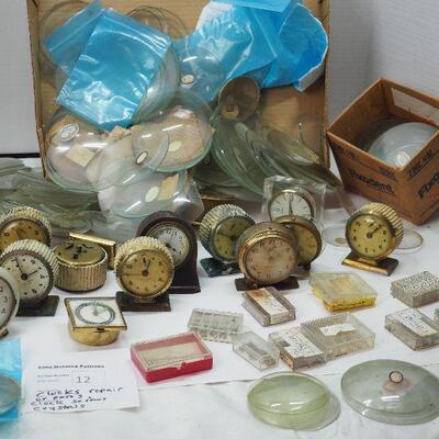 Lot 12 Clock Lot #3  Vintage table clocks, Assorted Clock Face Crystals glass and plastic Many sizes