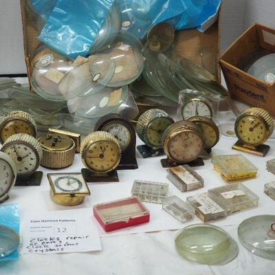 Lot 12 Clock Lot #3  Vintage table clocks, Assorted Clock Face Crystals glass and plastic Many sizes