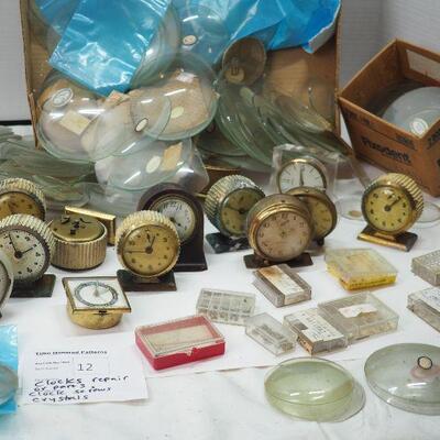 Lot 12 Clock Lot #3  Vintage table clocks, Assorted Clock Face Crystals glass and plastic Many sizes