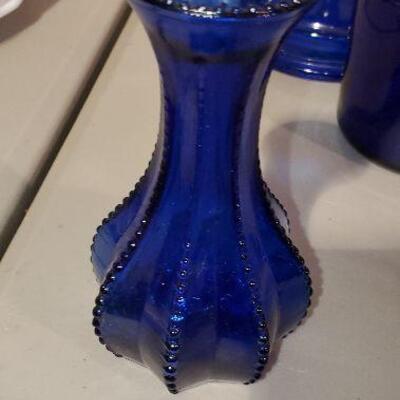 Vintage Cobalt Blue Glass Lot (6 pieces) Vase Vases Ashtray Chicken Egg Cup Candlestick (item #46)
