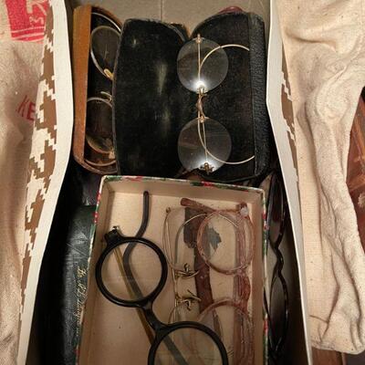 Shoe box full of old glasses / cases have glasses too