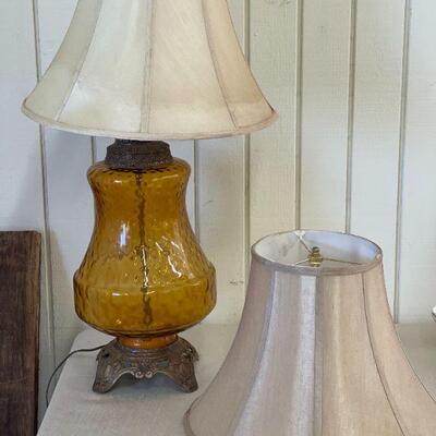 Lot 5 Vintage XL Amber Glass Lamp w/ Pair of Shades