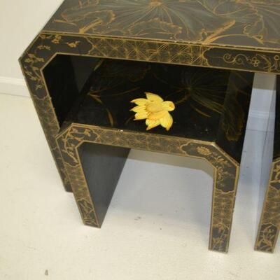 LOT 103  DECORATIVE ASIAN MODERN LACQUERED CONSOLE TABLE AND TWO STOOLS