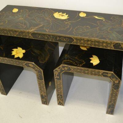 LOT 103  DECORATIVE ASIAN MODERN LACQUERED CONSOLE TABLE AND TWO STOOLS