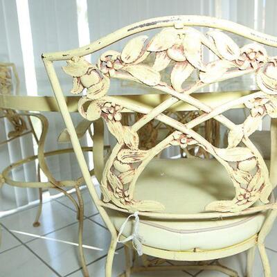 Pale Yellow Citrus Blossom Wrought Iron & Glass Dining Set **with arms** YD#022-0016