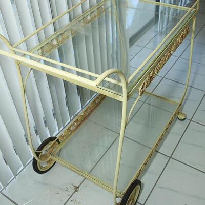 Vintage Pale Yellow Wrought Iron and Glass Orange Blossom Bar Cart YD#022-0017