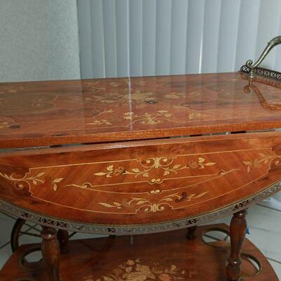 Vintage Italian Marquetry Floral Inlay Wood Tea Serving Cart YD#022-0024