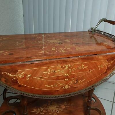 Vintage Italian Marquetry Floral Inlay Wood Tea Serving Cart YD#022-0024