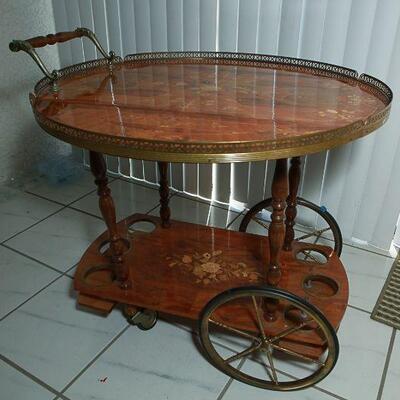 Vintage Italian Marquetry Floral Inlay Wood Tea Serving Cart YD#022-0024