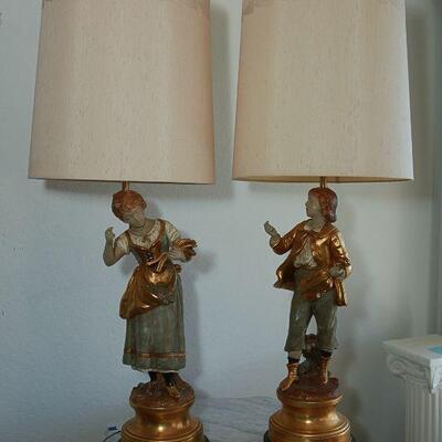 Vintage Gold Moreau Marbro Lamp Co Figural Boy and Girl Pair YD#022-0042
