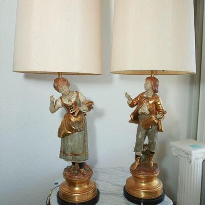 Vintage Gold Moreau Marbro Lamp Co Figural Boy and Girl Pair YD#022-0042