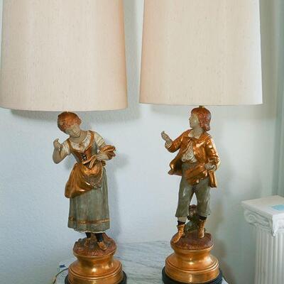 Vintage Gold Moreau Marbro Lamp Co Figural Boy and Girl Pair YD#022-0042