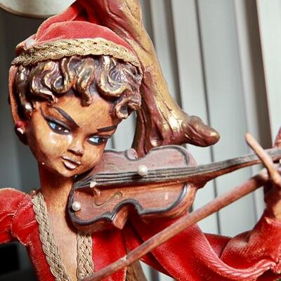 Mid Century Elf Pixie Playing Violin on Tree Stump Table Lamp YD#022-0046