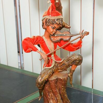 Mid Century Elf Pixie Playing Violin on Tree Stump Table Lamp YD#022-0046