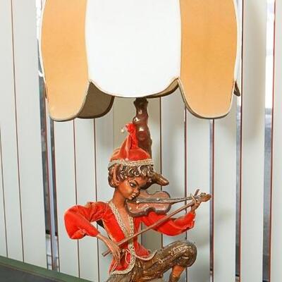 Mid Century Elf Pixie Playing Violin on Tree Stump Table Lamp YD#022-0046