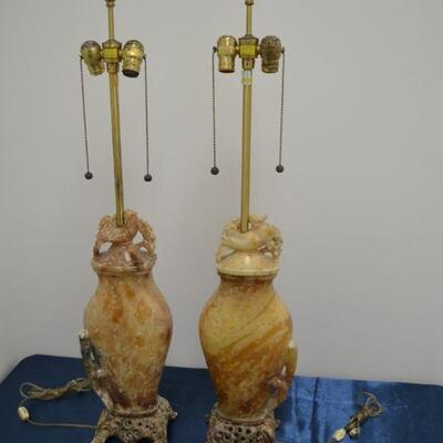 LOT 155  PAIR OF VINTAGE MARBRO ASIAN CARVED SOAPSTONE TABLE LAMPS