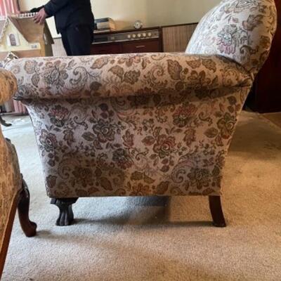 Lot 1L. Vintage upholstered sofa with matching wing-back chair --$45