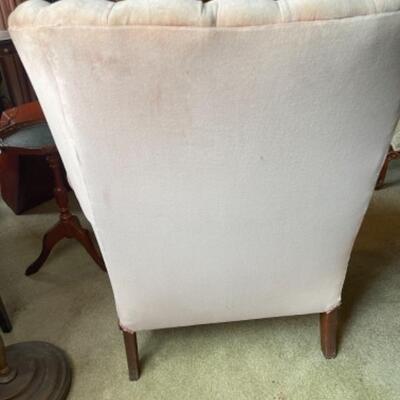 Lot 2L. Wing-back chair in cotton velvet with pair of wine tables--$75