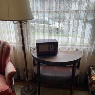 Lot 4L. Floor lamp, half-round mahogany table, vintage Admiral radio--$85