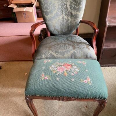 Lot 10L. Green silk occasional chair and embroidered footstool--$65