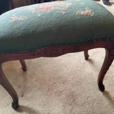 Lot 10L. Green silk occasional chair and embroidered footstool--$65