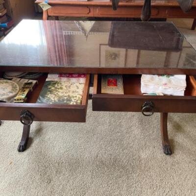 Lot 13L. Mahogany coffee table with glass top (28â€W x 17.5â€D x 18Hâ€) and occasional drop-leaf table (15â€ x 16â€ x 28â€} with...