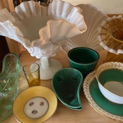 Lot 21L. Milk glass, paid of Lenox urns, ceramics, cups and saucers, yellow glass and bud vase--$95