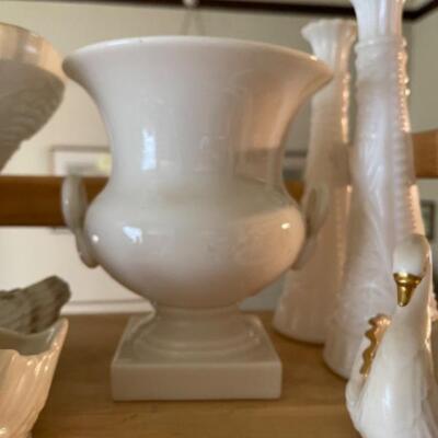 Lot 21L. Milk glass, paid of Lenox urns, ceramics, cups and saucers, yellow glass and bud vase--$95