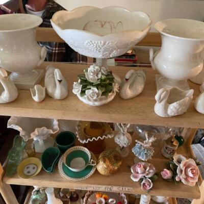 Lot 21L. Milk glass, paid of Lenox urns, ceramics, cups and saucers, yellow glass and bud vase--$95