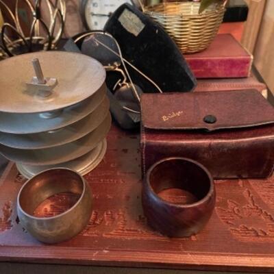 Lot 34DR. Assorted brass trays, planters, cards, clock, wooden salt/pepper, cloisonne paper weight, wooden and cigar boxes, etc.--$195
