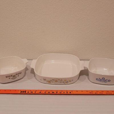 Lot 165: (3) Mixed Pattern Corning Ware Dishes - no lids