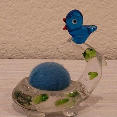 Lot 176: Vintage Glass Dinosaur and Blue Bird Pin Cushion 