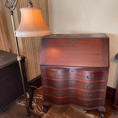 Lot 45DR. Mahogany secretary desk with floor lamp--$125