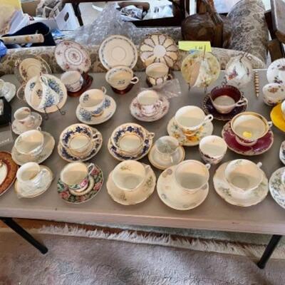 Lot 47DR. Thirty-two vintage cups and saucers (Pallidan, Royal Albert, Hendrik, Coalport, Shelley, etc.--$150
