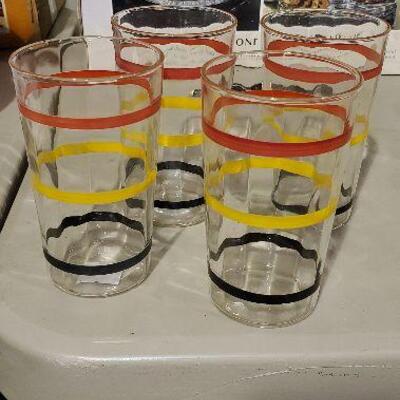 Vintage Glasses Set of 4 Red Yellow Black Rings Tumblers Drinking Glasses (item #51)