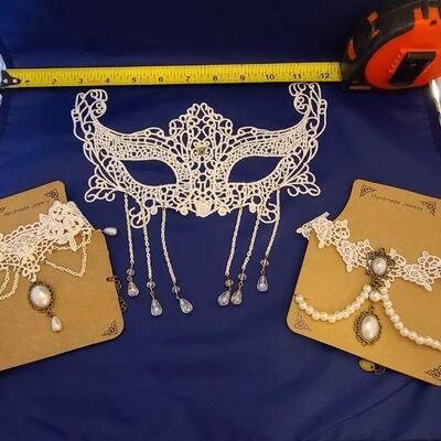 3 piece handmade white crochet mask and two necklaces with faux pearl accents. NEW