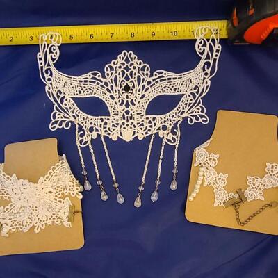 3 piece handmade white crochet mask and two necklaces with faux pearl accents. NEW