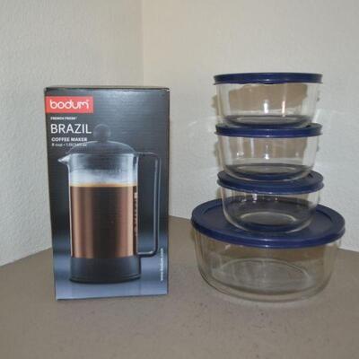 LOT 18  BODUM FRENCH PRESS COFFEE MAKER AND PYREX BOWLS