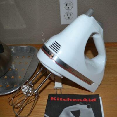 LOT 57  KITCHEN AID HAND MIXER AND KITCHEN TOOLS