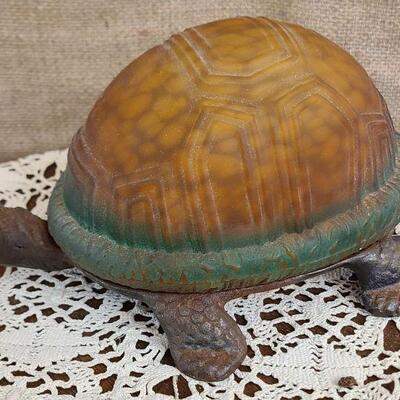 Tiffany style amber color glass shell Turtle lamp with metal base.