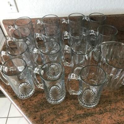 14 large glass beer mugs with handles and one glass pitcher with handles YD#022-0083
