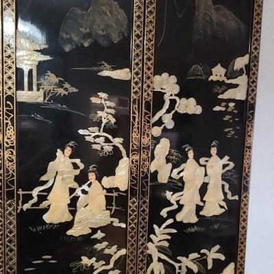 Set of 4 Japanese Geisha Black Lacquer hanging screens with mother of pearl and abalone.