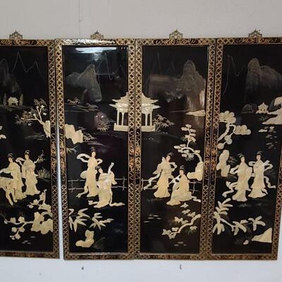 Set of 4 Japanese Geisha Black Lacquer hanging screens with mother of pearl and abalone.
