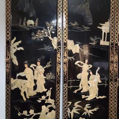 Set of 4 Japanese Geisha Black Lacquer hanging screens with mother of pearl and abalone.