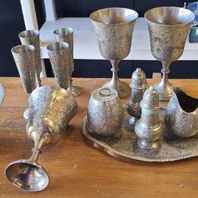 Vintage ZY India etched silver plated serving ware. 16 pieces